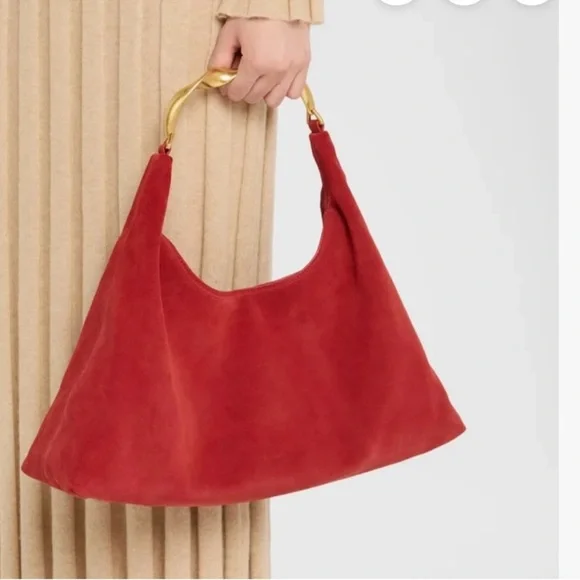 Red Suede Shoulder Bag with Sculpted Gold Handle - Picture 5 of 5